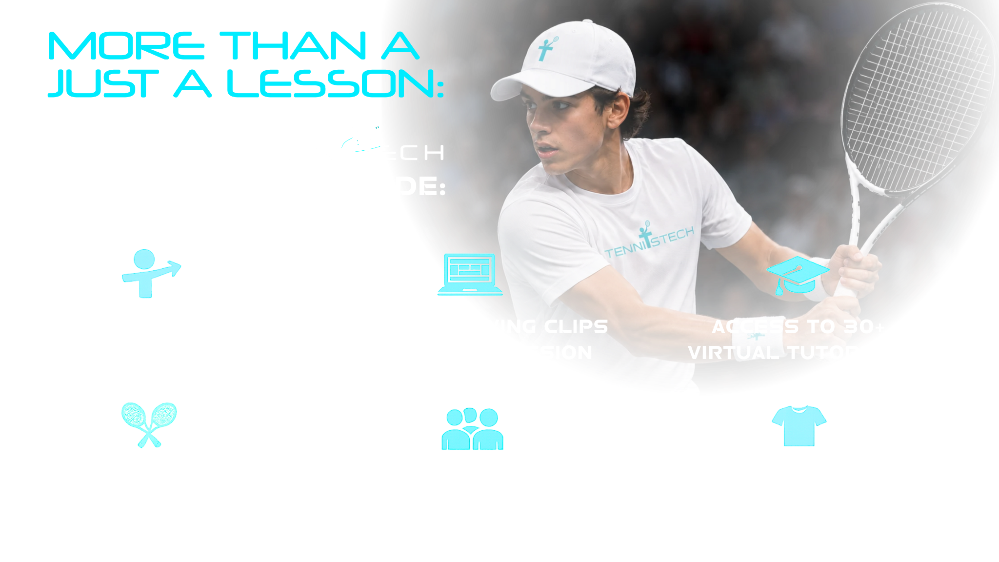 More than just a lesson: all TennisTech packages include a personalized player pathway, analyzed swing clips, 30+ virtual tutorials, racquet demo program, hitting partnerships, and custom gear.
